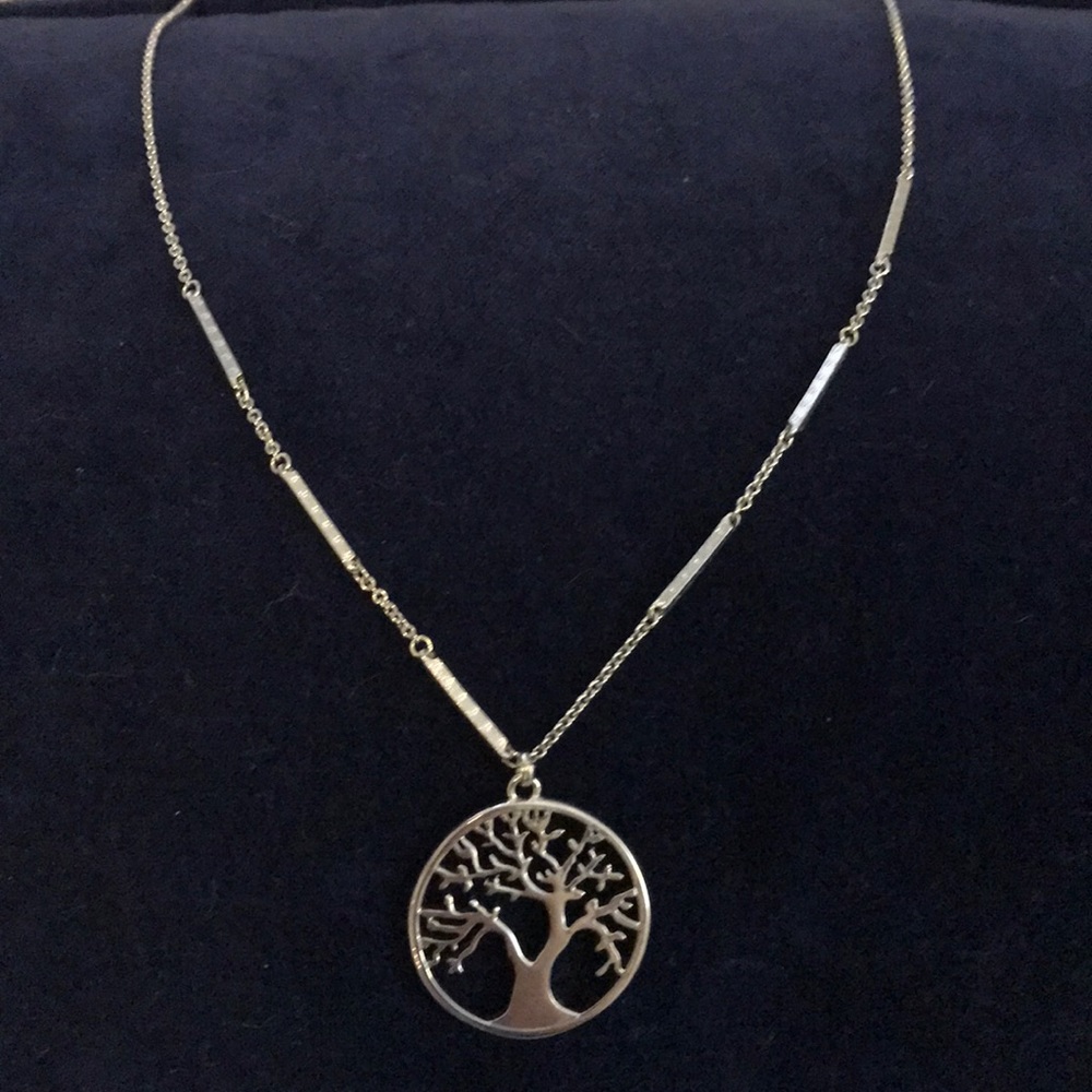 Fossil long silver necklace with tree pendent